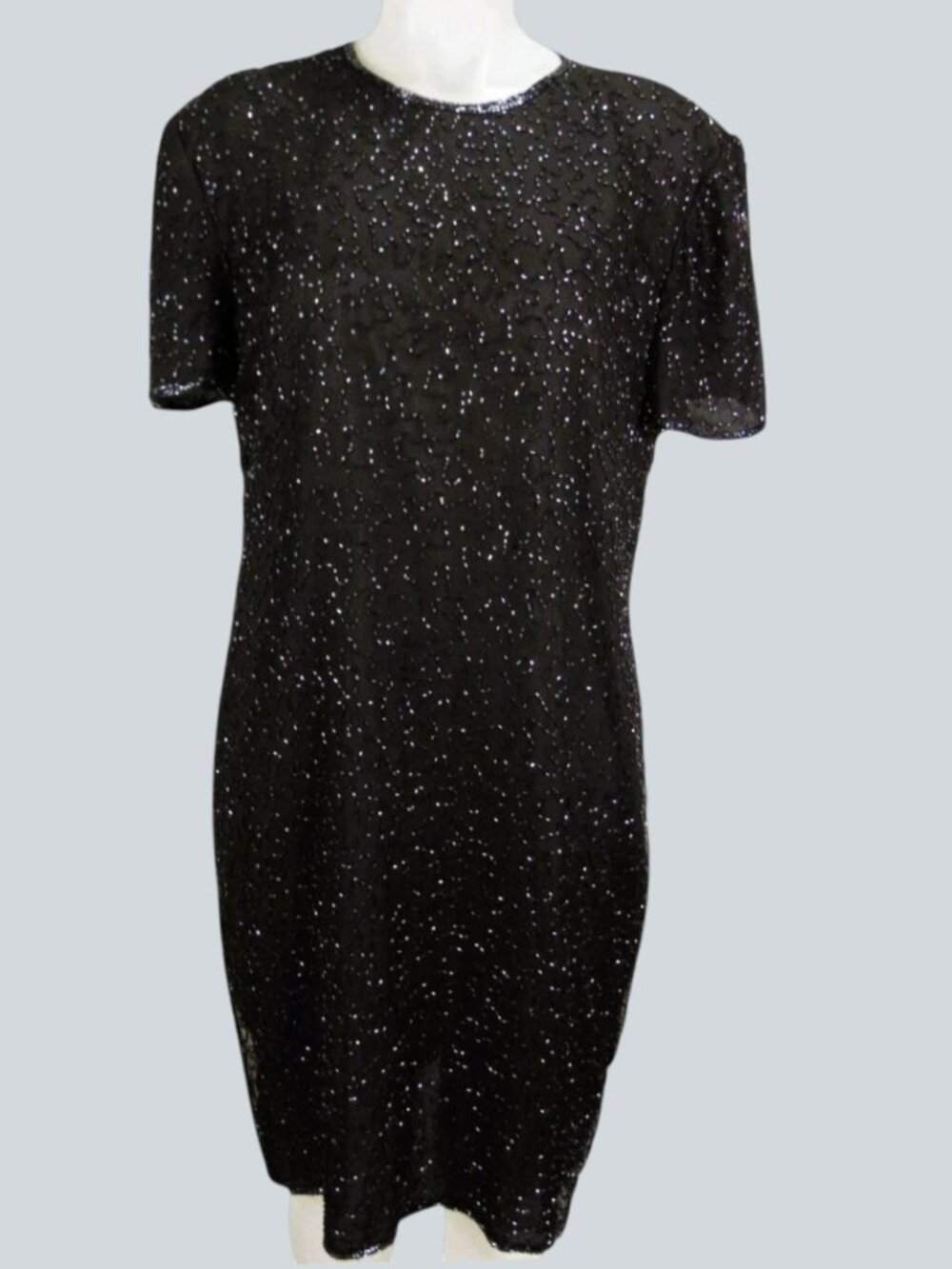 Black Silk Beaded Sequin Cocktail Dress XL Short Sleeve Evening Part